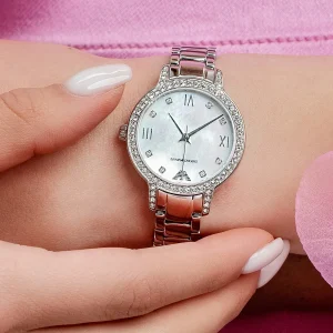 ar11484 emporio armani watch women crystals mother of pearl white dial stainless steel metal silver strap quartz battery analog cleo 15