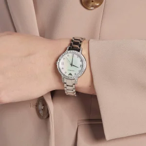ar11484 emporio armani watch women crystals mother of pearl white dial stainless steel metal silver strap quartz battery analog cleo 16