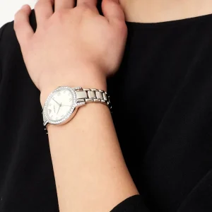 ar11484 emporio armani watch women crystals mother of pearl white dial stainless steel metal silver strap quartz battery analog cleo 17