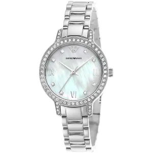ar11484 emporio armani watch women crystals mother of pearl white dial stainless steel metal silver strap quartz battery analog cleo 2