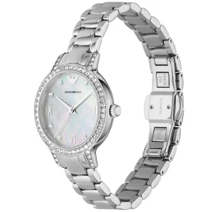 ar11484 emporio armani watch women crystals mother of pearl white dial stainless steel metal silver strap quartz battery analog cleo 4