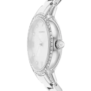 ar11484 emporio armani watch women crystals mother of pearl white dial stainless steel metal silver strap quartz battery analog cleo 6