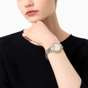 ar11524 emporio armani watch women mother of pearl white dial stainless steel metal silver gold strap quartz battery analog mia 14