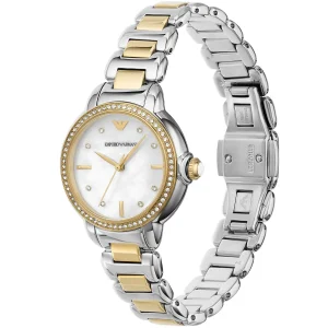 ar11524 emporio armani watch women mother of pearl white dial stainless steel metal silver gold strap quartz battery analog mia 2