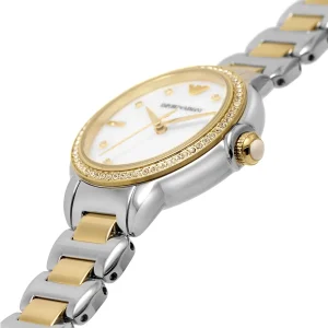ar11524 emporio armani watch women mother of pearl white dial stainless steel metal silver gold strap quartz battery analog mia 5