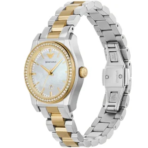 ar11559 emporio armani watch women crystal silver dial stainless steel metal gold strap quartz battery analog 2