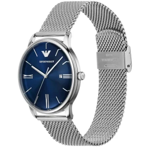 ar11571 emporio armani watch men blue dial stainless steel metal silver strap quartz battery analog 2