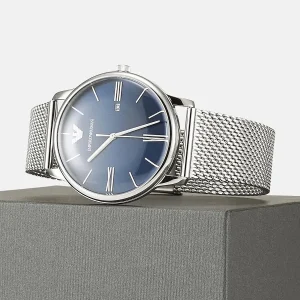 ar11571 emporio armani watch men blue dial stainless steel metal silver strap quartz battery analog 8