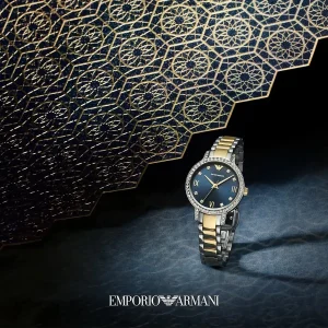 ar11576 emporio armani watch women crystals two tone blue dial metal stainless steel silver gold strap quartz analog cleo 11