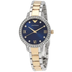 ar11576 emporio armani watch women crystals two tone blue dial metal stainless steel silver gold strap quartz analog cleo 12