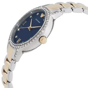 ar11576 emporio armani watch women crystals two tone blue dial metal stainless steel silver gold strap quartz analog cleo 13