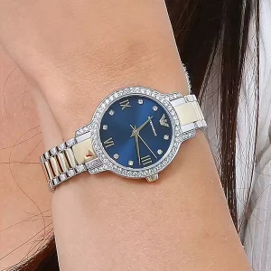 ar11576 emporio armani watch women crystals two tone blue dial metal stainless steel silver gold strap quartz analog cleo 15