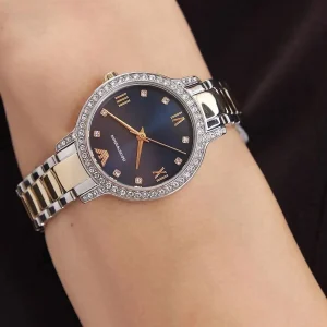 ar11576 emporio armani watch women crystals two tone blue dial metal stainless steel silver gold strap quartz analog cleo 17