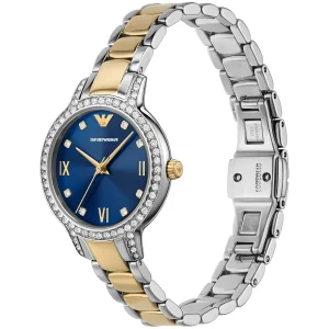 ar11576 emporio armani watch women crystals two tone blue dial metal stainless steel silver gold strap quartz analog cleo 2