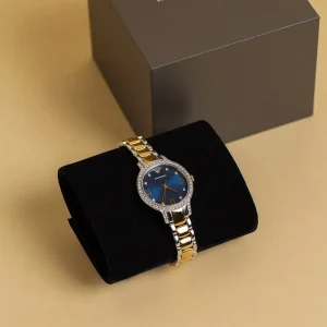ar11576 emporio armani watch women crystals two tone blue dial metal stainless steel silver gold strap quartz analog cleo 6