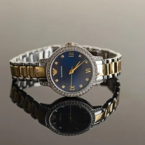 ar11576 emporio armani watch women crystals two tone blue dial metal stainless steel silver gold strap quartz analog cleo 7