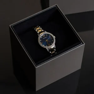 ar11576 emporio armani watch women crystals two tone blue dial metal stainless steel silver gold strap quartz analog cleo 8