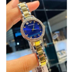 ar11576 emporio armani watch women crystals two tone blue dial metal stainless steel silver gold strap quartz analog cleo 9