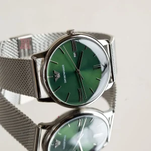 ar11578 emporio armani watch men green dial metal stainless steel silver mesh strap quartz analog minimalist 10