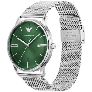 ar11578 emporio armani watch men green dial metal stainless steel silver mesh strap quartz analog minimalist 2