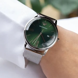 ar11578 emporio armani watch men green dial metal stainless steel silver mesh strap quartz analog minimalist 7