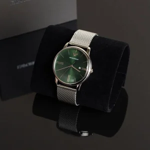 ar11578 emporio armani watch men green dial metal stainless steel silver mesh strap quartz analog minimalist 8
