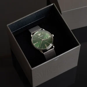 ar11578 emporio armani watch men green dial metal stainless steel silver mesh strap quartz analog minimalist 9
