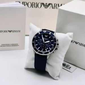 ar11588 emporio armani watch 100 meters men blue dial fibers strap quartz analog chronograph diver 10