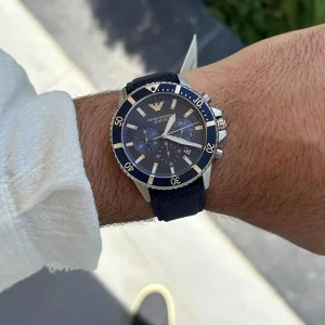 ar11588 emporio armani watch 100 meters men blue dial fibers strap quartz analog chronograph diver 12