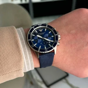 ar11588 emporio armani watch 100 meters men blue dial fibers strap quartz analog chronograph diver 7