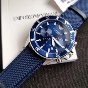 ar11588 emporio armani watch 100 meters men blue dial fibers strap quartz analog chronograph diver 9