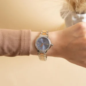 ar11597 emporio armani watch women crystals two tone blue dial metal stainless steel silver rose gold strap quartz analog mia 10