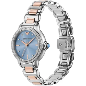 ar11597 emporio armani watch women crystals two tone blue dial metal stainless steel silver rose gold strap quartz analog mia 2
