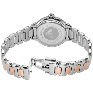ar11597 emporio armani watch women crystals two tone blue dial metal stainless steel silver rose gold strap quartz analog mia 3