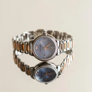 ar11597 emporio armani watch women crystals two tone blue dial metal stainless steel silver rose gold strap quartz analog mia 7