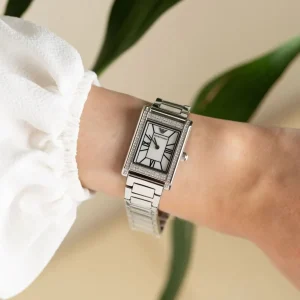 ar11625 emporio armani watch women mother of pearl crystals silver square dial metal stainless steel strap quartz analog genni 13