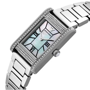 ar11625 emporio armani watch women mother of pearl crystals silver square dial metal stainless steel strap quartz analog genni 2