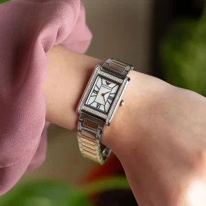 ar11626 emporio armani watch women mother of pearl crystals two tone silver square dial metal stainless steel rose gold strap quartz analog genni 13