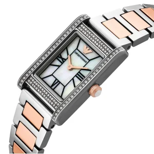 ar11626 emporio armani watch women mother of pearl crystals two tone silver square dial metal stainless steel rose gold strap quartz analog genni 2