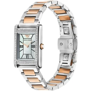 ar11626 emporio armani watch women mother of pearl crystals two tone silver square dial metal stainless steel rose gold strap quartz analog genni 3