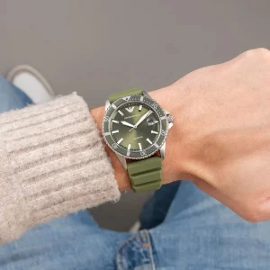 ar11638 emporio armani watch 100 meters men green dial rubber strap quartz analog world explorer 8