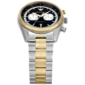 ar11678 emporio armani watch chronograph men two tone black dial metal stainless steel silver gold strap quartz analog racer 2