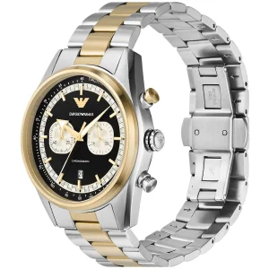 ar11678 emporio armani watch chronograph men two tone black dial metal stainless steel silver gold strap quartz analog racer 3