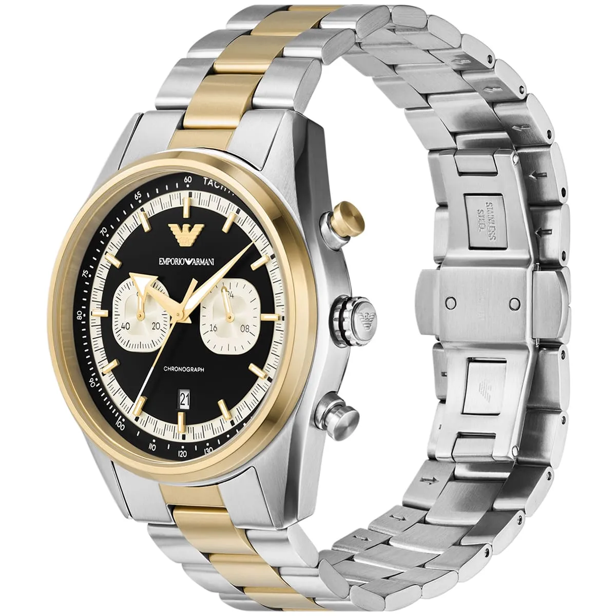 ar11678 emporio armani watch chronograph men two tone black dial metal stainless steel silver gold strap quartz analog racer 3 ar11678 emporio armani watch chronograph men two tone black dial metal stainless steel silver gold strap quartz analog racer 3
