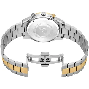ar11678 emporio armani watch chronograph men two tone black dial metal stainless steel silver gold strap quartz analog racer 4