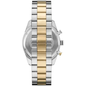 ar11678 emporio armani watch chronograph men two tone black dial metal stainless steel silver gold strap quartz analog racer 6
