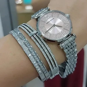 ar11686 emporio armani watch women crystals pink dial metal stainless steel silver strap quartz analog gianni t bar 9