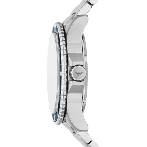 ar11697 emporio armani watch 100m 330ft men solar powered blue dial metal stainless steel silver strap quartz analog world explorer 10