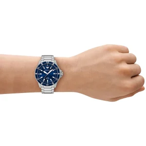 ar11697 emporio armani watch 100m 330ft men solar powered blue dial metal stainless steel silver strap quartz analog world explorer 11