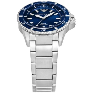 ar11697 emporio armani watch 100m 330ft men solar powered blue dial metal stainless steel silver strap quartz analog world explorer 2